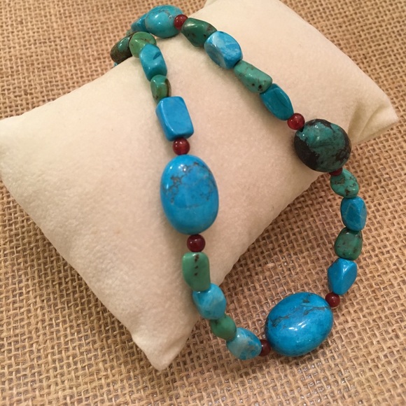 Turquoise Stone Necklace Sterling Clasp 18.5" - Picture 11 of 13